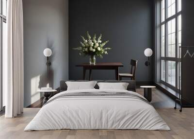 A minimalist room with dark wooden flooring, soft, diffused light entering through a tall window, illuminating a simple, unadorned table with a single vase containing fresh flowers, enhancing the tran Wall mural