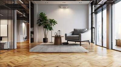 A modern living room with a gray sectional sofa, white throw pillows, and potted plants on a wooden shelf against a white wall with recessed lighting Wall mural