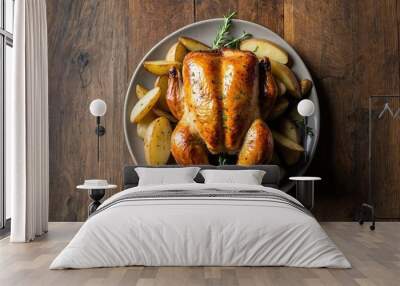 A roasted whole chicken on a plate with roasted potatoes and fresh herbs Wall mural