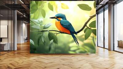 colored beautiful bird sitting on the tree in the jungle, colored wild bird, colored wild bird sitting on the branch of tree in jungle Wall mural