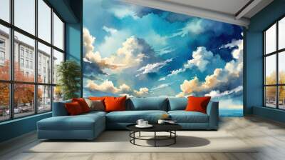 Sea landscape art vector background with blue sky and white clouds. Wall mural