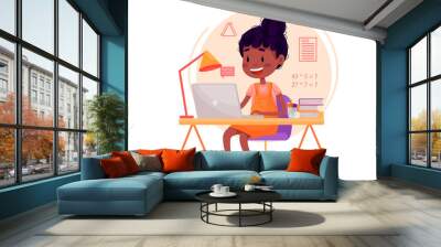 Girl is studying online with the laptop by the table at home. Vector flat illustration for websites on white isolated background. Quarantine stay home pandemic Wall mural