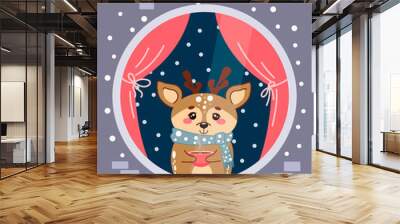 A cute deer drinks a hot drink and looks out the window at the falling snow. Vector winter illustration for posters, postcards, prints, web design Wall mural