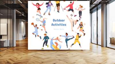 A set of vector illustrations with images of athletes. Men and women play sports. Outdoor activities, summer sports and games, street sports, martial arts. Vector illustration in a flat style Wall mural