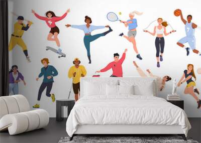 A set with vector characters of athletes. Men and women play sports. Team , game, street sports, martial arts. Vector illustration in the flat style Wall mural