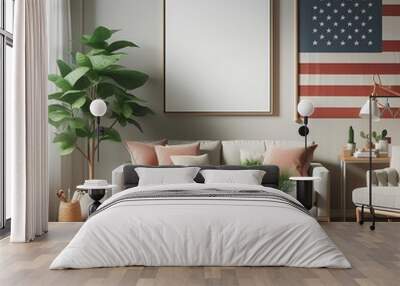 A living Room with a mockup poster empty white and with a couch and a US American flag Celebrate US Veterans Day art image card design harmony art. Wall mural