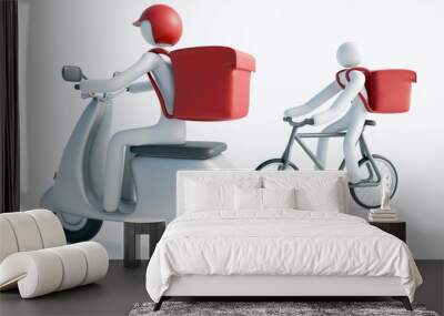 3d rendering of human figurines are driving bike and motorbike and carrying red bag for food delivery as a symbol of gig job. Wall mural