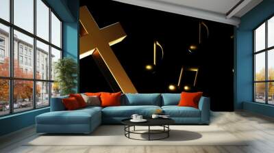 Christian cross and music notes in the low light environment black background 3d rendering Wall mural