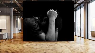 Man sad or cry alone in dark background asia people adult worry unhappy Wall mural