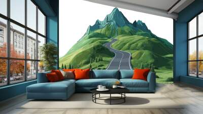 3D road going up to the top of green mountain forest landscape isolated on white background, scenic mountain path 3D, forest mountain road, 3D nature landscape vector Wall mural