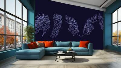 Angel wings illustration vector set, wings graphic element, thin line neon, angelic feathered vectors, angel wing clipart collection Wall mural