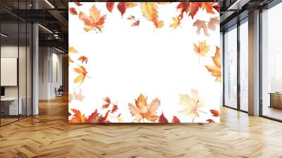 Autumnal orange leaves circle frame isolated, fall leaves design element for card, print, wallpaper, herbal elements, autumn leaves border, autumn foliage illustration, fall season leaf frame Wall mural