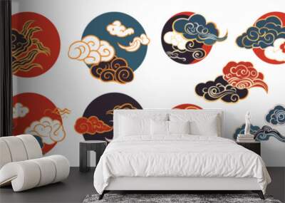 Chinese circle clouds.  chinese, korean and japanese oriental style ornaments. Traditional oriental cloudy element. Cartoon Asian line clouds shape, Set of vector decoration retro elements. cloud icon Wall mural