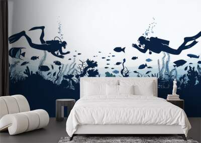 Coral reef underwater landscape label banner with scuba divers swimming over silhouettes of fishes and marine plants, ocean adventure illustration, aquatic life design, diving scene graphic, Wall mural