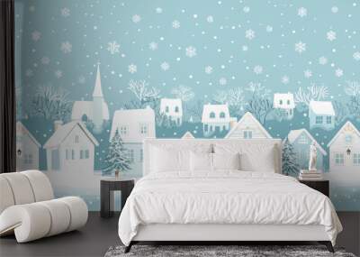 fairy tale winter landscape. christmas village. seamless border. winter background with white houses Wall mural