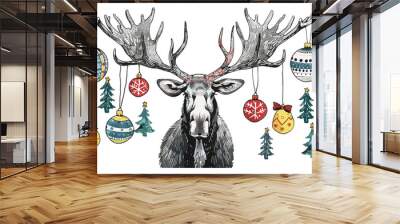 Funny Christmas moose with Christmas ornaments hanging from antlers, hand drawn sketch of moose, holiday party animal drawing for invitations or card, festive animal, winter season greeting decoration Wall mural