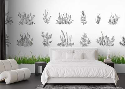 Grass line cad silhouettes set isolated on white background. Ground cover illustration for architectural element elevation, side view grass section. Turf coating banners edging, landscape design. Wall mural