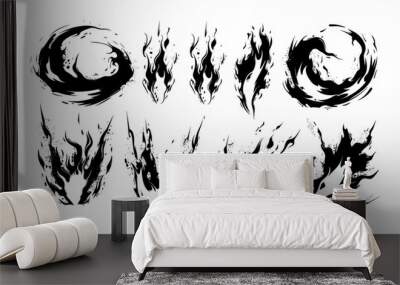 Hand drawn black ink silhouettes anime graphic of fire flame explosion effect manga. Vector isolated illustration. Inferno, comic, cartoon, blaze, artwork. Wall mural