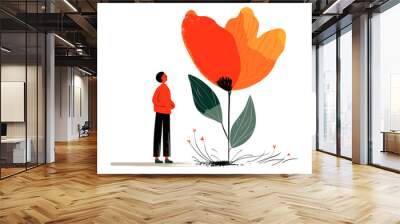 Hand drawn Vector illustration, Cartoon style, Cute funny isolated character, Young person holding flower, Tiny man stands with a giant Flower, Flower delivery service, florist, botanical concept. Wall mural