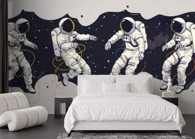 Hand drawn Vector illustration of Cute characters. Cartoon flat style. People flying in outer space in white space suits. Astronaut or spaceman. design elements. Exploration, discovery concept. Space  Wall mural