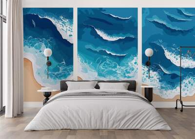 Hand drawn vector illustrations of aerial view of ocean waves reaching the coastline, beach, sand, sea shore with blue waves, top view overhead seaside. isolated cards. Travel concept. Wall mural