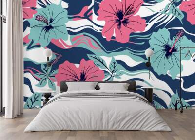 Hibiscus flower abstract vector seamless pattern camouflage wave wallpaper, tropical floral pattern wallpaper, modern botanical wallpaper design, vibrant floral camouflage print, artistic wave pattern Wall mural