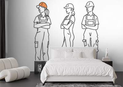 Men and women in work clothes with good poses, Professional, attire, workplace, confidence, fashion, line art vector illustration, modern line art. Wall mural