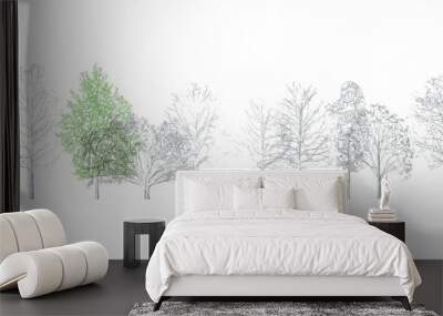 Minimal style CAD tree line drawing, side view, set of graphics trees elements outline symbol for landscape design drawing. Architectural drawings, vector illustration in stroke fill in white. Wall mural