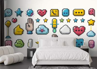 Retro-style vector illustration of hand, heart, star, cloud clipart in 8-bit with pixel art dialogue box and speech bubbles, reminiscent of 90's game aesthetics, card, social media, banner, sticker Wall mural