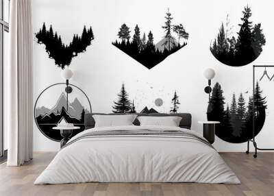 Set of monochrome landscapes with wild pine forests in geometric shapes circle, triangle, rhombus. Flat vector for company logo or camping logo, natural sceneries, vector illustration, geometric shape Wall mural