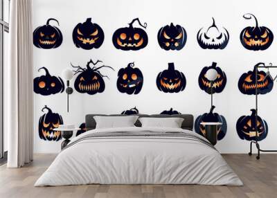 Spooky creepy set of Halloween scary pumpkins cut, eerie carved pumpkins, Halloween pumpkin decorations, creepy jack-o'-lantern designs Wall mural