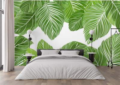 tropical palm leaves wallpaper design vector illustration, vacation-themed tropical fabric prints, green botanical pattern wallpaper, exotic foliage decor backgrounds, lush tropical green wallpaper Wall mural