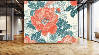 Vector banner with traditional Chinese elements and ornament, Luxury oriental japanese pattern background, Peony flowers with traditional Japanese fabric motifs patchwork background seamless pattern Wall mural