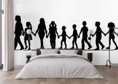 Vector illustration of Group of children walking together hand in hand, Kids going to school together, vector silhouette collection, Back to School. Happy boys and girls. Children crowds. Children Wall mural