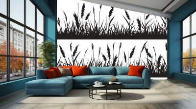 Vector illustration of outdoor park, black field of grass silhouette trees, seamless border architecture, landscape design drawing, forest side view green shadow poster, nature scene, plants Wall mural