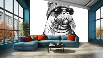 Vintage engrave illustration of a walrus dressed in fashion costume, isolated set of ink sketches with sunglasses. Sea seal background art, arctic glasses hipster hat. walrus sea seal fashion  Wall mural