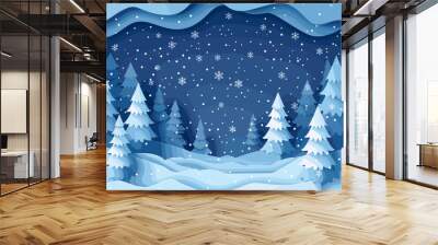 Winter pine forest scenery with falling snow, background of winter forest, Merry Christmas and happy new year paper cut and craft style vector illustration, snowy pine forest landscape, Christmas Wall mural