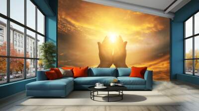 Christian Human hands open palm up worship hope. Eucharist Therapy Bless God Helping Repent Catholic Easter Lent Mind Pray. Christian concept background. fighting and victory for god. Wall mural