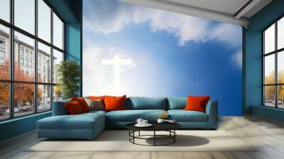 Conceptual wood cross or religion symbol shape over a sky with clouds background for God. belief on resurrection of god and worship christian. sky freedom. Wall mural