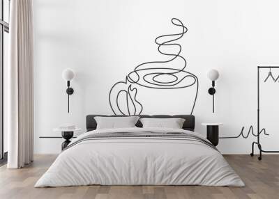 Continuous line art or One Line Drawing of hot coffee and smoke, A cup of Coffee drawing concept. vector illustration. Wall mural