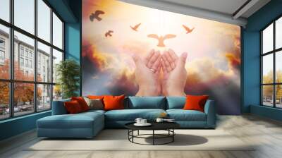 Human hands open palm up worship. Eucharist Therapy Bless God Helping Repent Catholic Easter Lent Mind Pray. Christian concept background. Wall mural