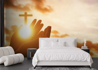 Human hands open palm up worship. Eucharist Therapy Bless God Helping Repent Catholic Easter Lent Mind Pray. Christian Religion concept background. fighting and victory for god Wall mural