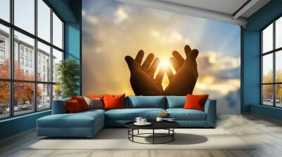 Human hands open palm up worship. Eucharist Therapy Bless God Helping Repent Catholic Easter Lent Mind Pray. Christian Religion concept background. fighting and victory for god Wall mural