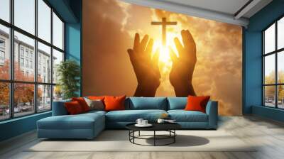 Human hands open palm up worship. Eucharist Therapy Bless God Helping Repent Catholic Easter Lent Mind Pray. Christian Religion concept background. fighting and victory for god Wall mural