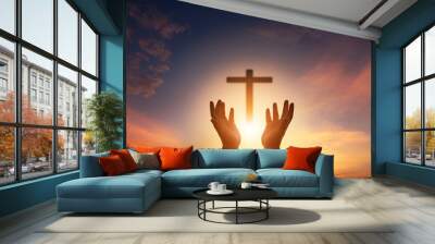 Human hands open palm up worship. Eucharist Therapy Bless God Helping Repent Catholic Easter Lent Mind Pray. Christian Religion concept background. fighting and victory for god Wall mural