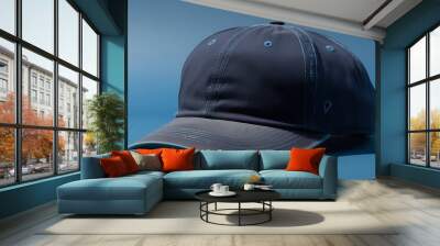 A baseball cap made of blue denim material isolated on a blue background (21) Wall mural