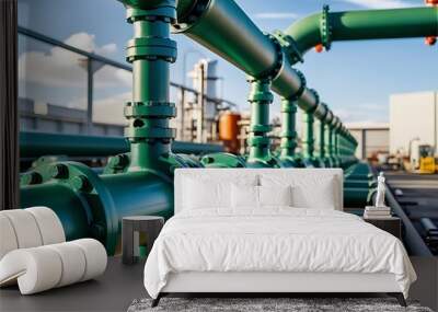 Green hydrogen energy pipeline of green color with industry facility (21) Wall mural