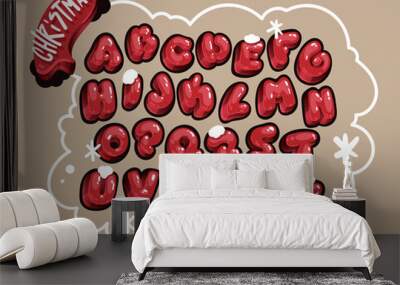 Christmas cartoon letters font. Kids red alphabet Wall mural