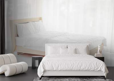 Relaxation concept, interior decoration, comfort and bedding - white bed with white pajamas Wall mural