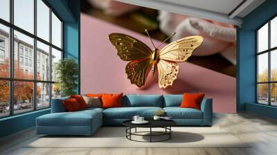 A beautiful butterfly sit on a well come card Wall mural